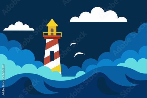 Dramatic Stormy Sea and Lighthouse 4K Vector illustration Background