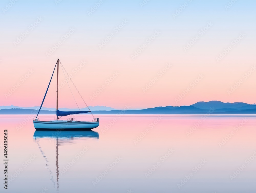 Tranquil Sailboat on Serene Water at Sunset with Pastel Sky Reflections and Mountains in the Background Tranquil Sailboat on Serene Water at Sunset with Pastel Sky Reflections and Mountains in the Background