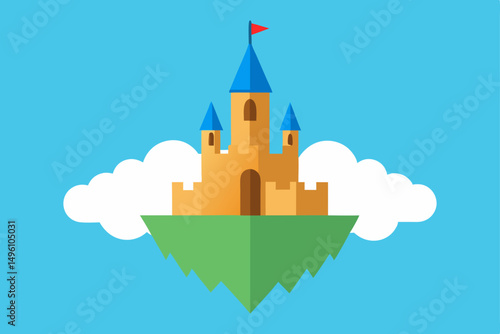 Whimsical Floating Castle Above the Clouds 4K Vector illustration Background