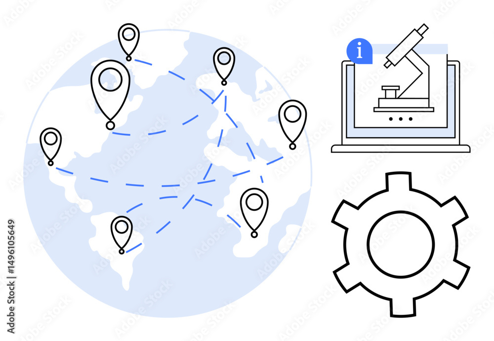Fototapeta premium Geographic markers linked across the globe, research microscope on a laptop, and gear icon. Ideal for global collaboration, science, technology, networking, data sharing, research simple landing