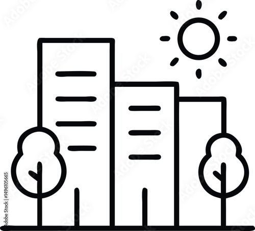 Line Icon Of Modern City Buildings With A Tree And (1)