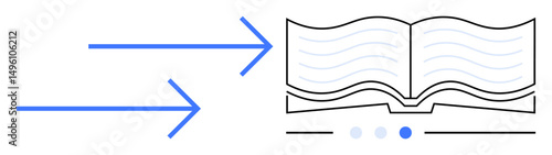 Two blue arrows directed at an open book with abstract lines, representing learning, data transfer, or communication. Ideal for education, training, knowledge sharing, publishing, content flow