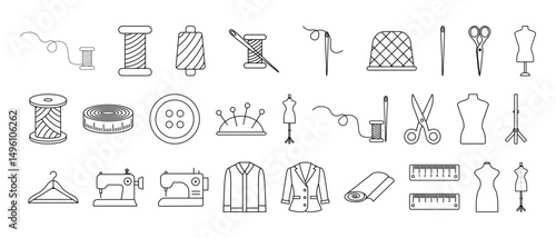 Set of sewing and tailoring icons including needles, spools, dressform, thread, and scissor. Linear vector symbols. Design for poster, template, banner, card.