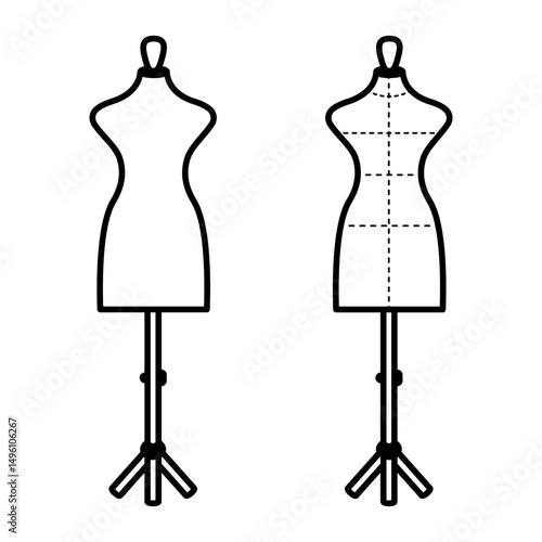Female mannequin. Tailor mannequin silhouettes with measurement lines. Minimal vector fashion form for sewing and fitting. Design for pattern, fashion template, poster, mockup.