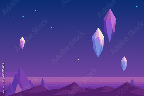 Surreal Twilight Sky with Mysterious Floating Crystals Ultra HD Vector Illustration Background
