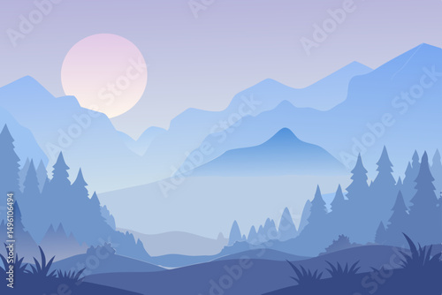 Ethereal Misty Landscape Scene in Soft Morning Light Background Vector Illustration Background