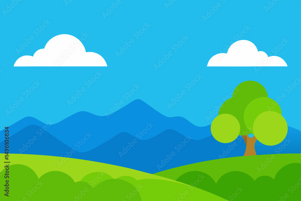 Fototapeta premium Simple Clean Nature Landscape Wallpaper with Bright Blue Sky Vector Illustration Background