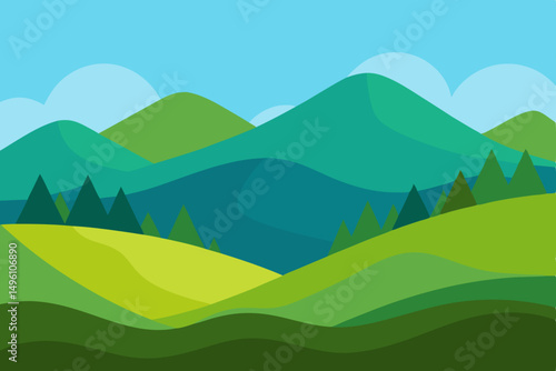 Simple Flat Design Nature Landscape Background with Rolling Hills Vector Illustration Background