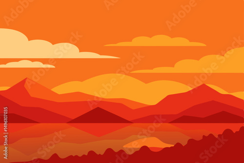 Peaceful Warm Sunset Sky Reflecting Over Still Lake Background Vector Illustration Background