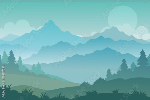 Ethereal Misty Landscape Scene in Soft Morning Light Background Vector Illustration Background