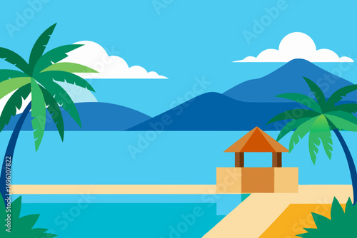 Stunning Ocean View from Luxurious Tropical Island Resort Vector Illustration Background