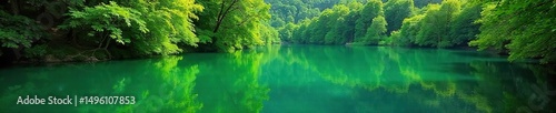 Vibrant green water, serene lake reflecting lush foliage, tranquil nature scene, perfect for eco-friendly themes Ideal for travel, environmental, and wellness projects , ecology, natural, fresh