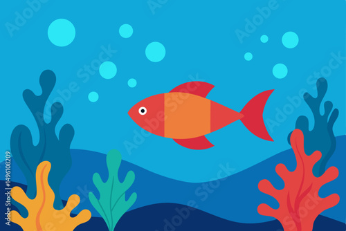 Vibrant Underwater Summer Life Scene with Colorful Fish and Coral Reef Vector Illustration Background
