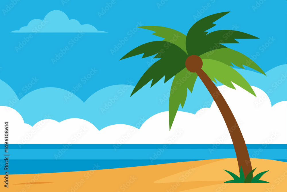 Fototapeta premium Tropical Paradise Beach with Swaying Palm Trees Offering Shade Vector Illustration Background