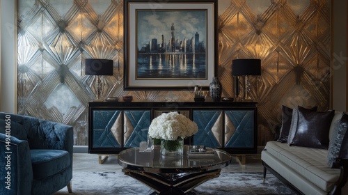 A lavish living room featuring art deco furniture and decor.