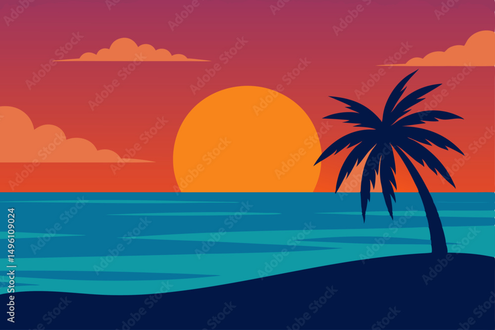 Fototapeta premium Peaceful Serene Beach Sunset Over Calm Ocean Wallpaper Vector Illustration Background