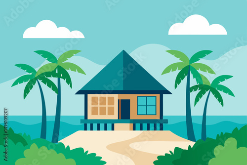 Secluded Beach Bungalow Nestled in Lush Tropical Nature Vector Illustration Background