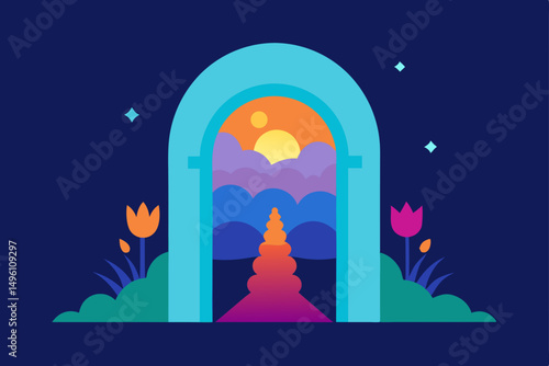 Enchanting Magical Nature Portal Leading to Summer Paradise Vector Illustration Background