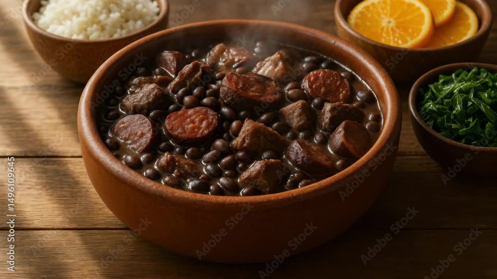 Feijoada tradicional brasileira servida com arroz, couve e laranja 