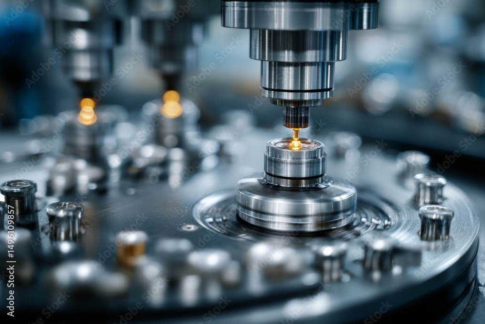 Precision metal drilling process using automated industrial machine with circular rotary stage and bright sparks in manufacture workshop Precision metal drilling process using automated industrial machine with circular rotary stage and bright sparks in manufacture workshop