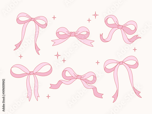 Set of cute pink bows with sparkles. Flat vector illustration for gift wrapping, baby shower, romantic decor, Valentine’s Day, stickers, or girly design projects.