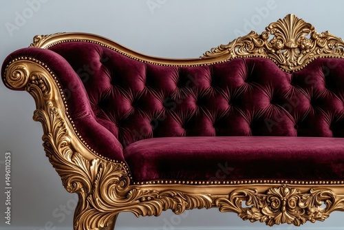 Luxurious burgundy velvet chaise lounge with ornate gold frame, embodying elegance and opulence.