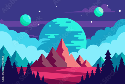 Enchanting Fantasy Landscape with Dramatic Sky and Majestic Mountains Vector Illustration Background