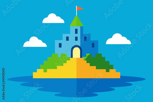 Surreal AI Generated Island with Majestic Castle and Ocean View Vector Illustration Background