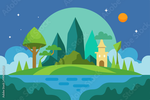 Whimsical Fantasy Nature Dream World Landscape Background Vector Illustration Background