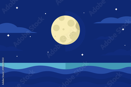 Mystical Full Moon Shining Over the Calm Night Ocean Wallpaper Vector Illustration Background