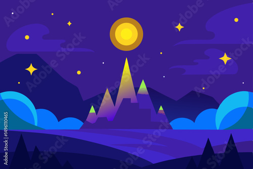 Enchanting Glowing Fantasy Landscape Under a Brilliant Starry Sky Vector Illustration Background