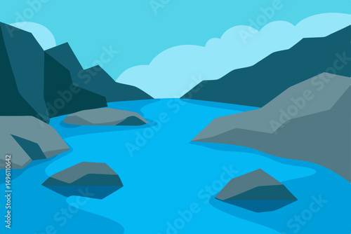 Pristine Crystal Clear River Flowing Over Rocks in 4K Vector Illustration Background