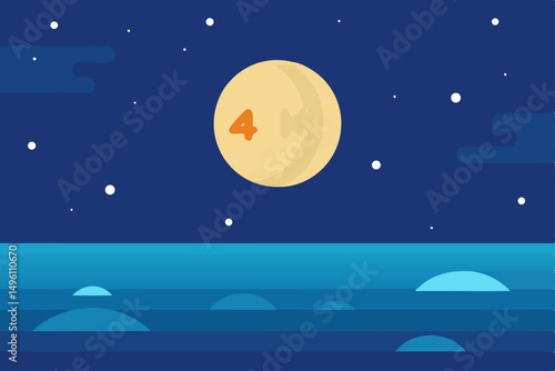 Stunning Full Moon and Starry Sky Over Calm Sea 4K Wallpaper Vector Illustration Background