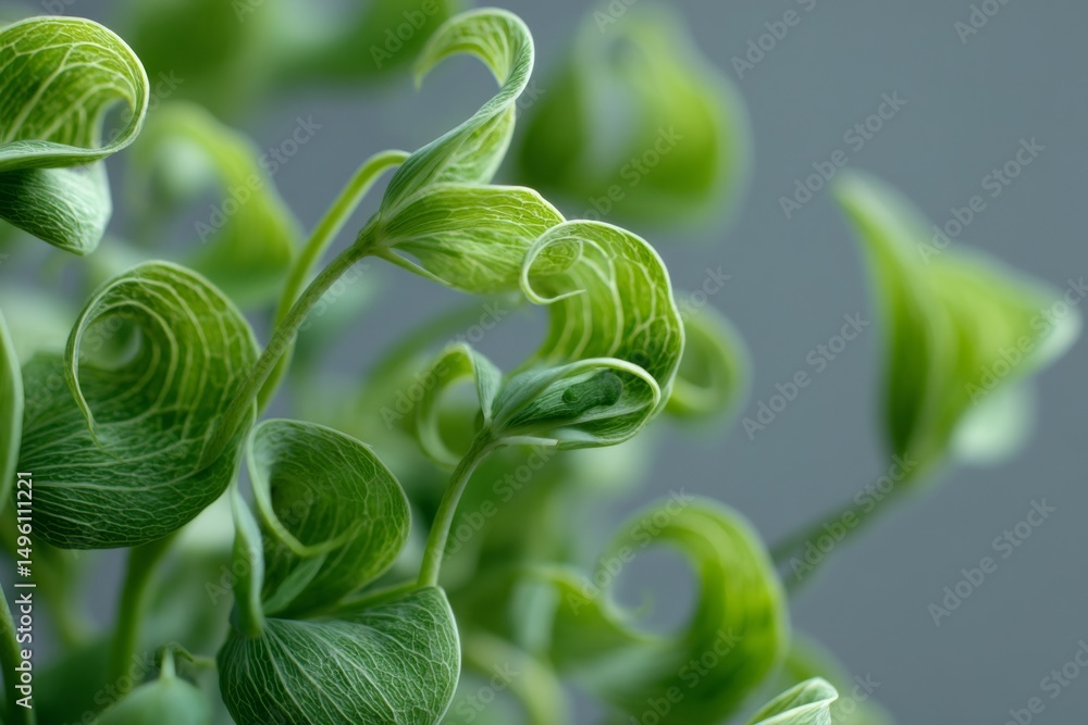 Intricate Curly Green Shoots Displaying Delicate Veins, Spiraling Growth on Subtle Background for Botanical Exploration Intricate Curly Green Shoots Displaying Delicate Veins, Spiraling Growth on Subtle Background for Botanical Exploration