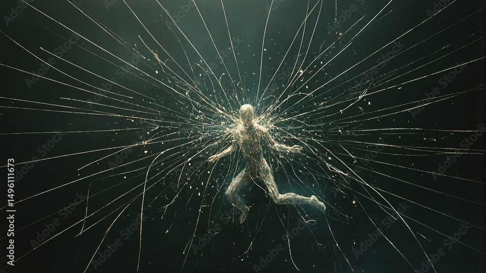 Obraz premium Surreal image of a floating figure connected to glowing and frayed thread like lines symbolizing past experiences