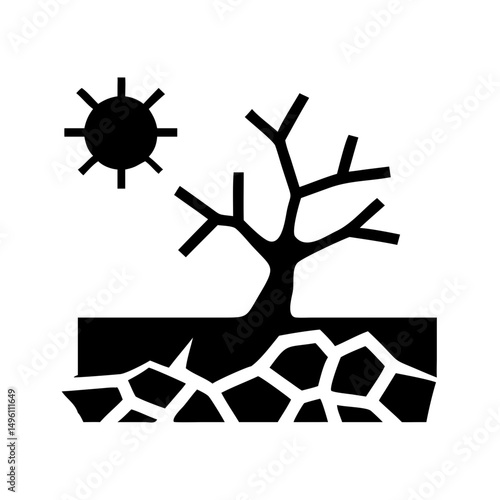 Climate change drought illustration featuring cracked earth sun and dead tree concept design