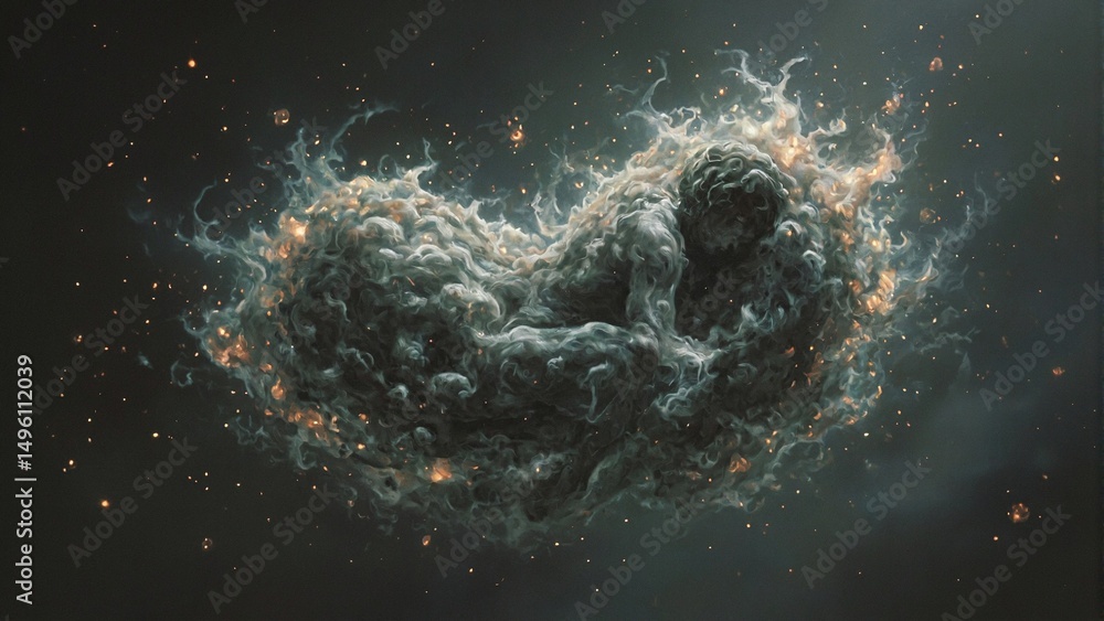 Obraz premium Experience inner peace with this surreal image of a figure floating in space amid glowing emotion orbs Perfect for introspective concepts