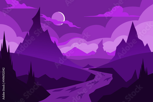 Enchanting Fantasy Valley with Vibrant Purple Skies 4K Vector Illustration Background