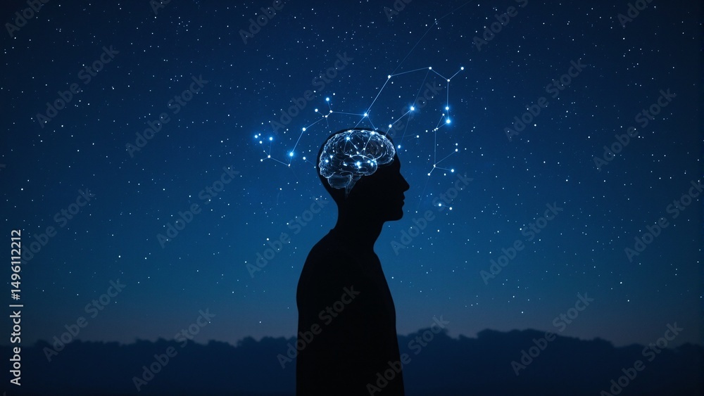 Fototapeta premium Mysterious figure with glowing brain of constellations standing under starry sky Perfect for innovation and creativity concepts
