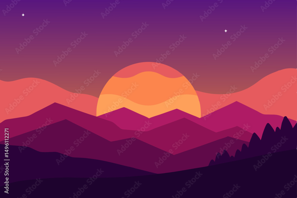 Obraz premium Evening Sun Golden Hour Over Valley Wallpaper Vector Illustration Background