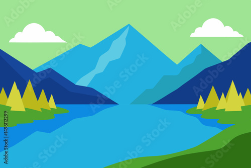 Hand Painted Mountain Lake Scenery 4K Wallpaper Vector Illustration Background