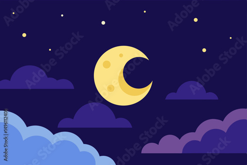 Serene Night Sky with Moon and Clouds Vector Illustration Background