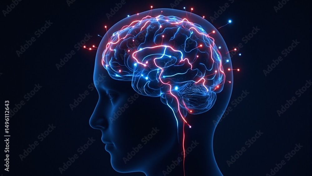 Fototapeta premium Explore inner struggles and memories with this unique image of a persons illuminated skull displaying neon pathways of individual traumas