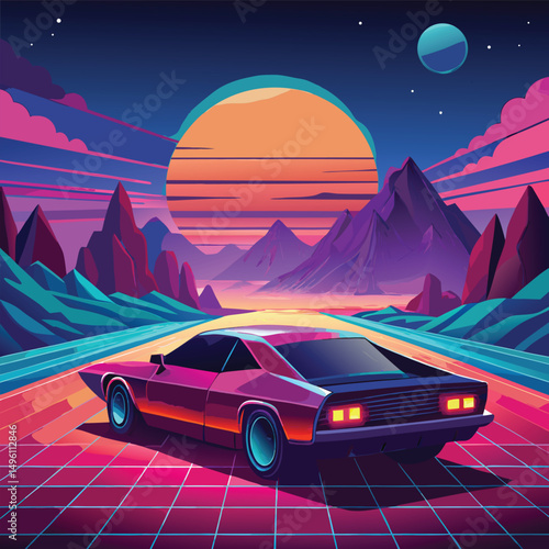 Retro Futuristic Car Driving Through A Synthwave  (2)