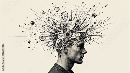 Surreal concept of a head filled with chaotic scribbles clocks and torn paper symbolizing the intensity of creative overwhelm