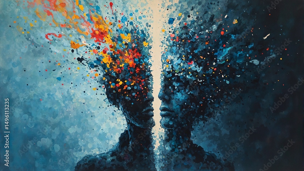 Obraz premium Conceptual image of a person divided in two halves one bright and serene the other dark and fragmented representing mental health duality