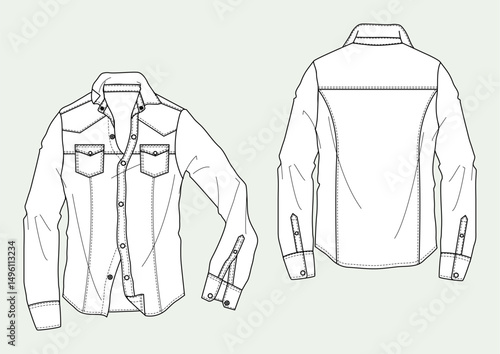 Camicia jeans uomo manica lunga disegno piatto sketch fashion illustration fronte e retro mock up vettoriale	