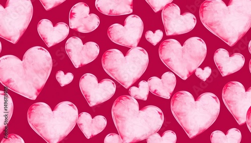Seamless pattern of delicate pink watercolor hearts, perfect for Valentine's Day, gentle, artistic