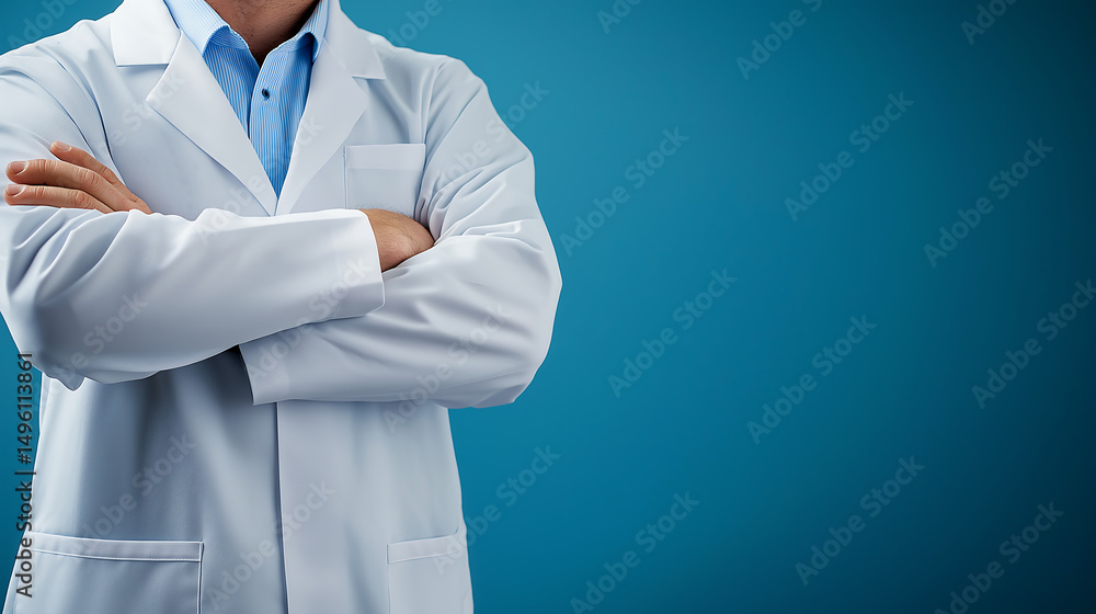 Confident doctor in white coat arms crossed with stethoscope on blue background – healthcare professional Confident doctor in white coat arms crossed with stethoscope on blue background – healthcare professional