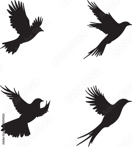 This artwork is digitally enhanced using AI and manually edited for quality. Flying Bird Silhouettes - Set of Four Black Bird Illustrations in Flight.